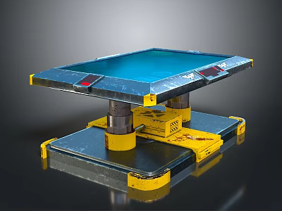 Blue Surface Platform with Red Dots Yellow Metallic Supports and Stable Metallic Base 3d model