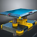 Blue Surface Platform with Red Dots Yellow Metallic Supports and Stable Metallic Base