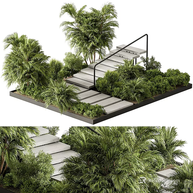 Modern Garden Landscape with Outdoor Stairs Handrail Palm Trees and Lush Green Shrubs 3d model 