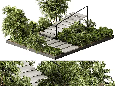 Modern Garden Landscape with Outdoor Stairs Handrail Palm Trees and Lush Green Shrubs 3d model