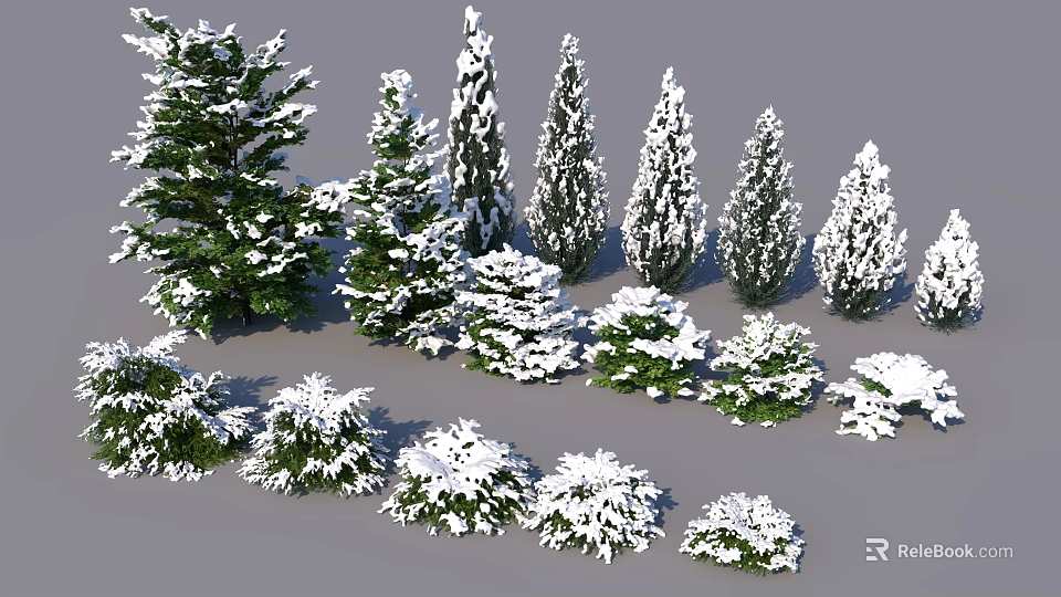 Snow Covered Bushes And Evergreen Trees In Winter Landscape Scene 3d model 