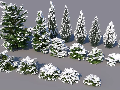 Snow Covered Bushes And Evergreen Trees In Winter Landscape Scene 3d model