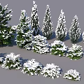 Snow Covered Bushes And Evergreen Trees In Winter Landscape Scene
