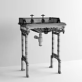 Vintage Washbasin With Double Silver Faucets And Carved Black Stand Against Textured Wall