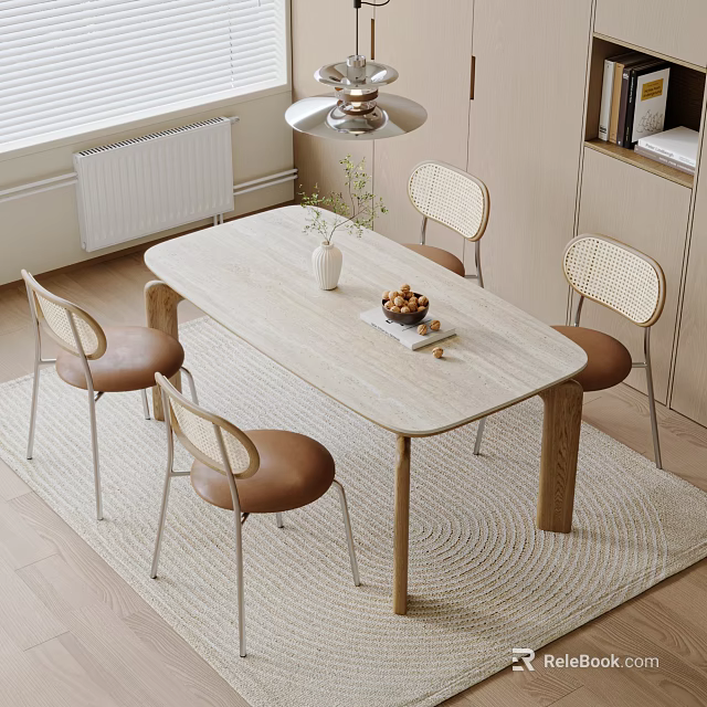 Minimalist Dining Table And Chairs Set With Wooden Top Woven Back Leather Seats Metal Legs 3d model 