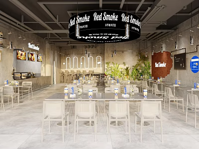 Modern Red Smoke Restaurant Interior With Infinity Theme Tables Chairs And Green Plants 3d model