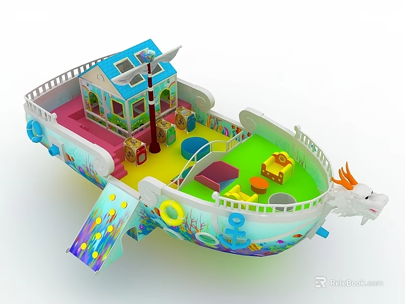 Colorful Swing Door For Kids Playground Boat With Slide And Dragon Head 3d model 
