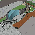 Contemporary Urban Plaza Design With Escalators Greenery Paved Ground Steps And Lighting