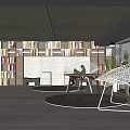 Public Office Area Interior With Wooden Ceiling Open Layout Display Shelves And White Cube Seats