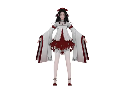Female Character In White Red Traditional Costume With Red Headdress And Wide Sleeves 3d model