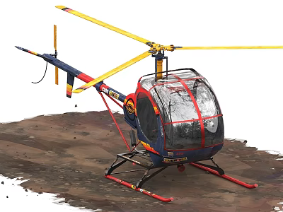 Blue Red Helicopter With Yellow Rotor Blades Transparent Cockpit Red Landing Gear on Dirt Ground 3d model