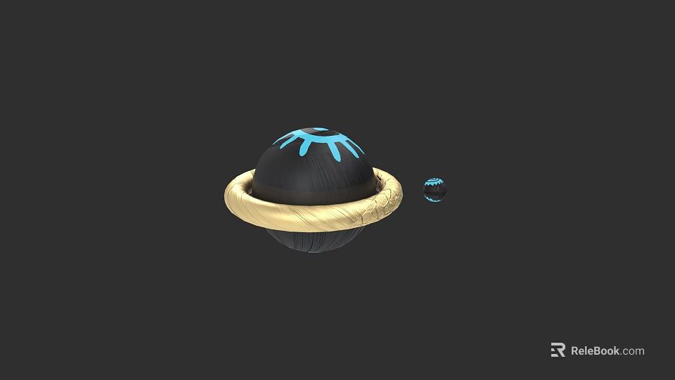 Artistic Black Sphere Sculpture With Blue Patterns And Golden Ring Decoration 3d model 