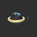 Artistic Black Sphere Sculpture With Blue Patterns And Golden Ring Decoration