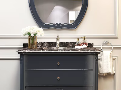 Gray Bathroom Vanity With Marble Countertop Round Mirror White Flowers And Towel Rack 3d model