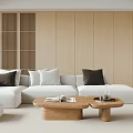 Modern Minimalist Living Room Interior With White Sofa Wooden Coffee Tables And Bookshelves