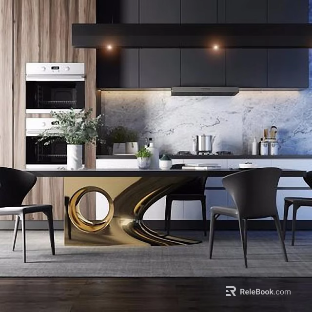 Modern Dining Table Set With Black Tabletop Gold Base In Kitchen And Marble Countertop 3d model 