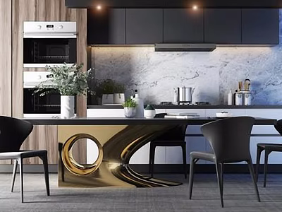 Modern Dining Table Set With Black Tabletop Gold Base In Kitchen And Marble Countertop 3d model