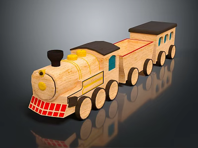 Electric Toy Train Wooden Engine Carriages With Red Yellow Accents Black Roof And Wheels 3d model