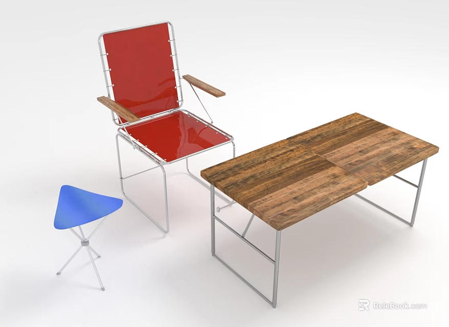 Stylish Red Outdoor Chair with Metal Frame Wooden Table and Blue Stool for Patio 3d model 