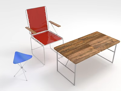 Stylish Red Outdoor Chair with Metal Frame Wooden Table and Blue Stool for Patio 3d model