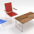 Stylish Red Outdoor Chair with Metal Frame Wooden Table and Blue Stool for Patio