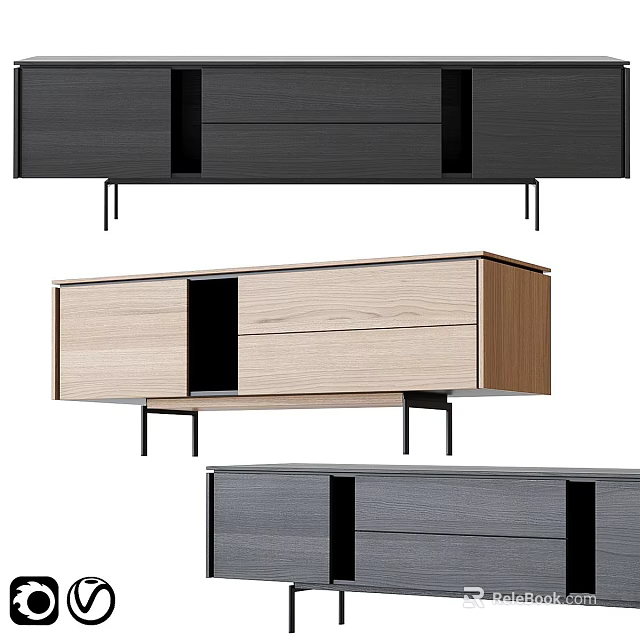 Modern TV Stand Designs with Wood Tone and Gray Finishes Metal Legs and Drawers 3d model 