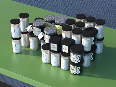 Ceramic Jars With Black Lids And Labels Arranged On Green Tabletop 3d model