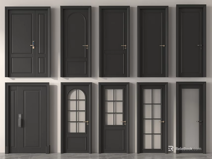 Stylish Black Interior Doors With Various Panel And Glass Designs 3d model 