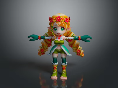 Game And Movie Character With Long Golden Hair Flower Decorated Headpiece Green Outfit Decorated Boots 3d model