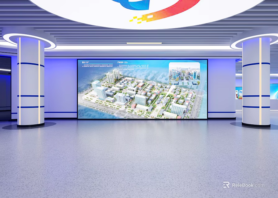 Modern Exhibition Hall Featuring Large Screen Showing Urban Planning Layout And Columns 3d model 