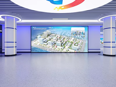 Modern Exhibition Hall Featuring Large Screen Showing Urban Planning Layout And Columns 3d model