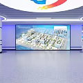 Modern Exhibition Hall Featuring Large Screen Showing Urban Planning Layout And Columns