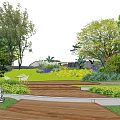 Scenic Park Landscape With Lush Trees Lawn Wooden Walkway And Greenery Benches