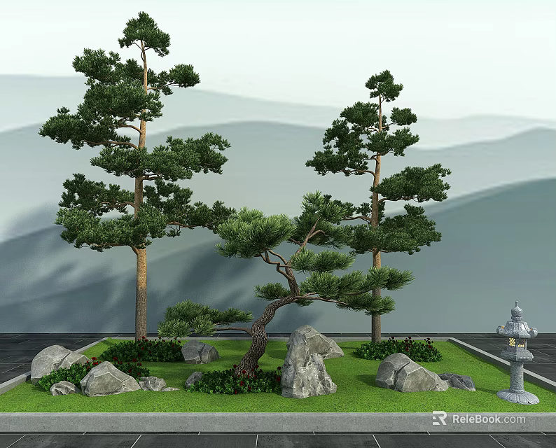 Garden Ornamental Arrangement with Pine Trees Rocks Lush Green Grass and Stone Lantern 3d model 