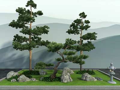 Garden Ornamental Arrangement with Pine Trees Rocks Lush Green Grass and Stone Lantern 3d model