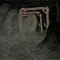 Underground Tunnel Interior With Wooden Support Structures And Rough Rock Walls