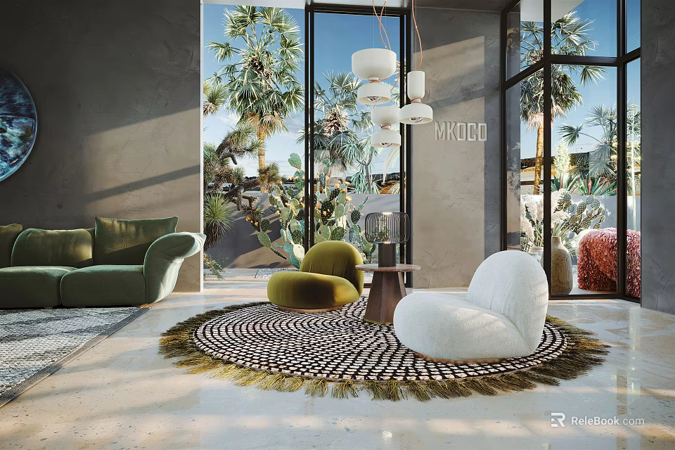 Modern Living Room Interior With Green Sofa Round Rug And Floor to Ceiling Windows 3d model 