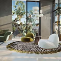 Modern Living Room Interior With Green Sofa Round Rug And Floor to Ceiling Windows