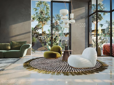 Modern Living Room Interior With Green Sofa Round Rug And Floor to Ceiling Windows 3d model