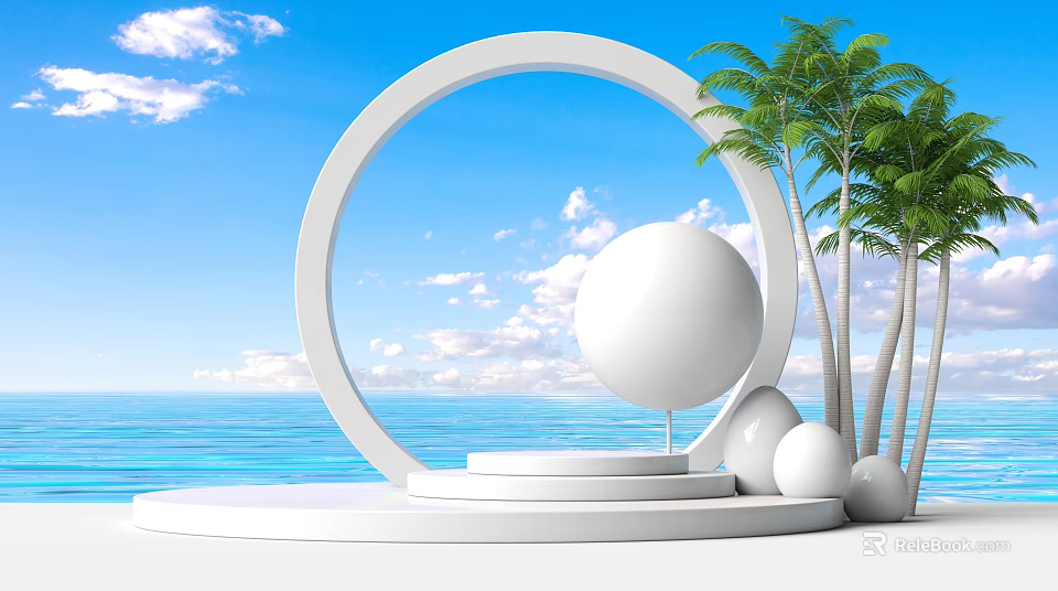White Display Shelves With Circular Arch Palm Trees And Sea View Platform Displaying Spheres 3d model 