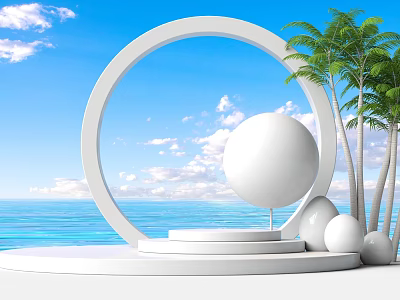 White Display Shelves With Circular Arch Palm Trees And Sea View Platform Displaying Spheres 3d model