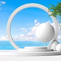 White Display Shelves With Circular Arch Palm Trees And Sea View Platform Displaying Spheres