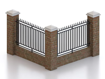 Building Exterior Wall With Red Brick Structure White Capped Pillars And Black Iron Spiked Fence 3d model
