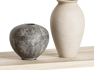 Minimalist Round and Tall Textured Gray and Off-White Ceramic Vases on Wooden Shelf 3d model