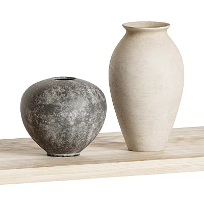 Minimalist Round and Tall Textured Gray and Off-White Ceramic Vases on Wooden Shelf 3d model
