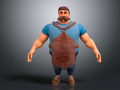 Muscular Game Movie Character With Blue T-shirt Brown Leather Apron And Arm Tattoo 3d model