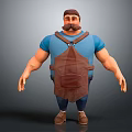 Muscular Game Movie Character With Blue T-shirt Brown Leather Apron And Arm Tattoo