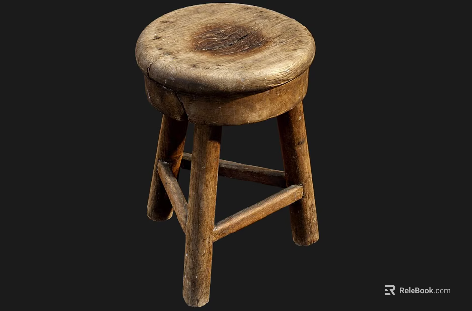 Vintage Wooden Stool With Round Worn Surface And Simple Leg Structure 3d model 