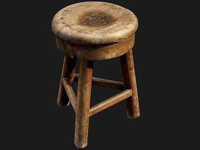 Vintage Wooden Stool With Round Worn Surface And Simple Leg Structure 3d model