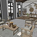 Natural Minimalist Living Room Interior With Wooden Furniture Large Windows And Hanging Lamps